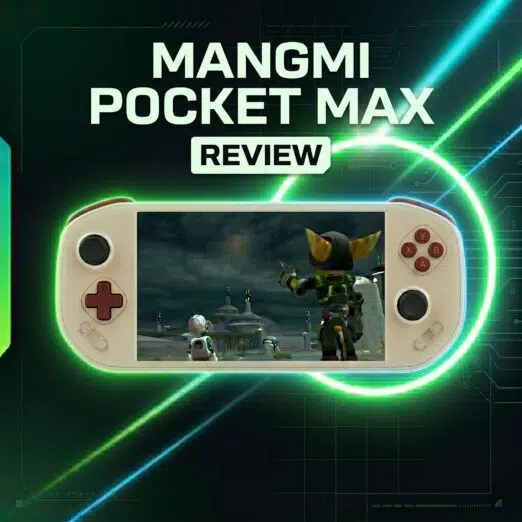 MANGMI Pocket MAX Review 11 Promotional graphic for a product review of the "MANGMI Pocket MAX" handheld gaming console. The cream-colored device is centered against a dark green, sci-fi background framed by glowing neon green light rings and laser streaks. Large text at the top reads "MANGMI POCKET MAX REVIEW," while the device's screen displays a vibrant 3D action-adventure video game.