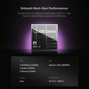 A performance marketing graphic showcasing a glowing silver Qualcomm Snapdragon 8 Gen 2 processor chip against a dark background with purple backlighting. Text below details an octa-core CPU layout (1 GoldPlus core at 3.2GHz, 4 Gold cores at 2.8GHz, 3 Silver cores at 2.0GHz), an Adreno 740 GPU at 680MHz, a 4nm manufacturing process, and Wi-Fi 7 plus Bluetooth 5.3 connectivity.