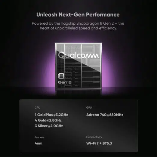 A performance marketing graphic showcasing a glowing silver Qualcomm Snapdragon 8 Gen 2 processor chip against a dark background with purple backlighting. Text below details an octa-core CPU layout (1 GoldPlus core at 3.2GHz, 4 Gold cores at 2.8GHz, 3 Silver cores at 2.0GHz), an Adreno 740 GPU at 680MHz, a 4nm manufacturing process, and Wi-Fi 7 plus Bluetooth 5.3 connectivity.