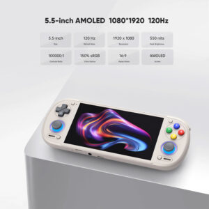 An e-commerce infographic highlighting the screen specifications of the Retroid Pocket 6 console, which is shown resting on a clean white geometric surface. Above the device, eight specification cards list features including a 5.5-inch size, 120Hz refresh rate, 1920 by 1080 resolution, 550 nits peak brightness, 100,000 to 1 contrast ratio, 150 percent sRGB color gamut, 16 to 9 aspect ratio, and an AMOLED panel.