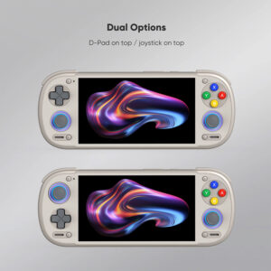 A marketing graphic titled "Dual Options" showcasing the layout variations of the Retroid Pocket 6. It features two front-facing console views stacked vertically: the top console layout shows the classic D-pad on top of the left analog stick, while the bottom console layout shows the left analog stick on top of the D-pad, giving users hardware placement choices.
