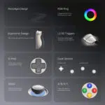 A feature grid breakdown diagram displaying close-up details of the Retroid Pocket 6 hardware components. Labeled sections showcase a nostalgia design, customizable decorative RGB rings for both sticks, a built-in ergonomic side-profile grip, responsive Hall sensor-based L2 and R2 triggers, a tactile clicky accurate D-pad, textured analog sticks, and triple-color injection-molded colored ABXY face buttons.