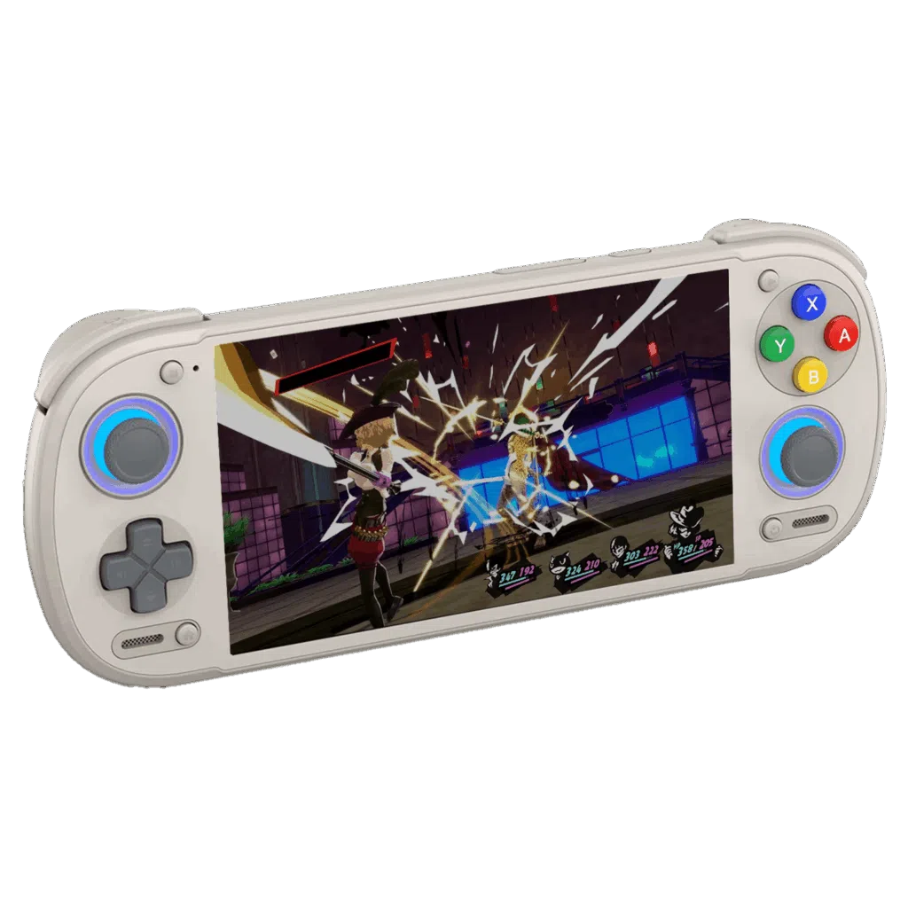An angled studio product shot of the Retroid Pocket 6 handheld gaming console in a retro "16-bit" off-white colorway, isolated on a black background. The device features a gray D-pad and a gray analog stick on the left, and classic colored face buttons (Blue X, Red A, Green Y, Yellow B) above a right analog stick. Both analog sticks are illuminated by a glowing blue LED ring at the base. The wide screen displays a vibrant, action-heavy combat scene from the video game Persona 5.