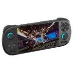 An angled studio product shot of the Retroid Pocket 6 handheld gaming console in a matte black finish, isolated on a black background. The face buttons, D-pad, and analog sticks are all dark gray and black to match the stealth aesthetic. The dual analog sticks stand out with bright, glowing cyan-blue LED rings around their bases. The screen is turned on, displaying an identical colorful battle sequence from Persona 5.