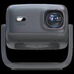 RockTek PJ500 Ultra smart 1080p projector, front view with glossy gray textured body and large right lens