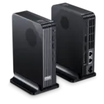 GPD BOX GPD Mini PC in matte black, two angled views on stands showing ribbed vents, front USB ports and rear I/O