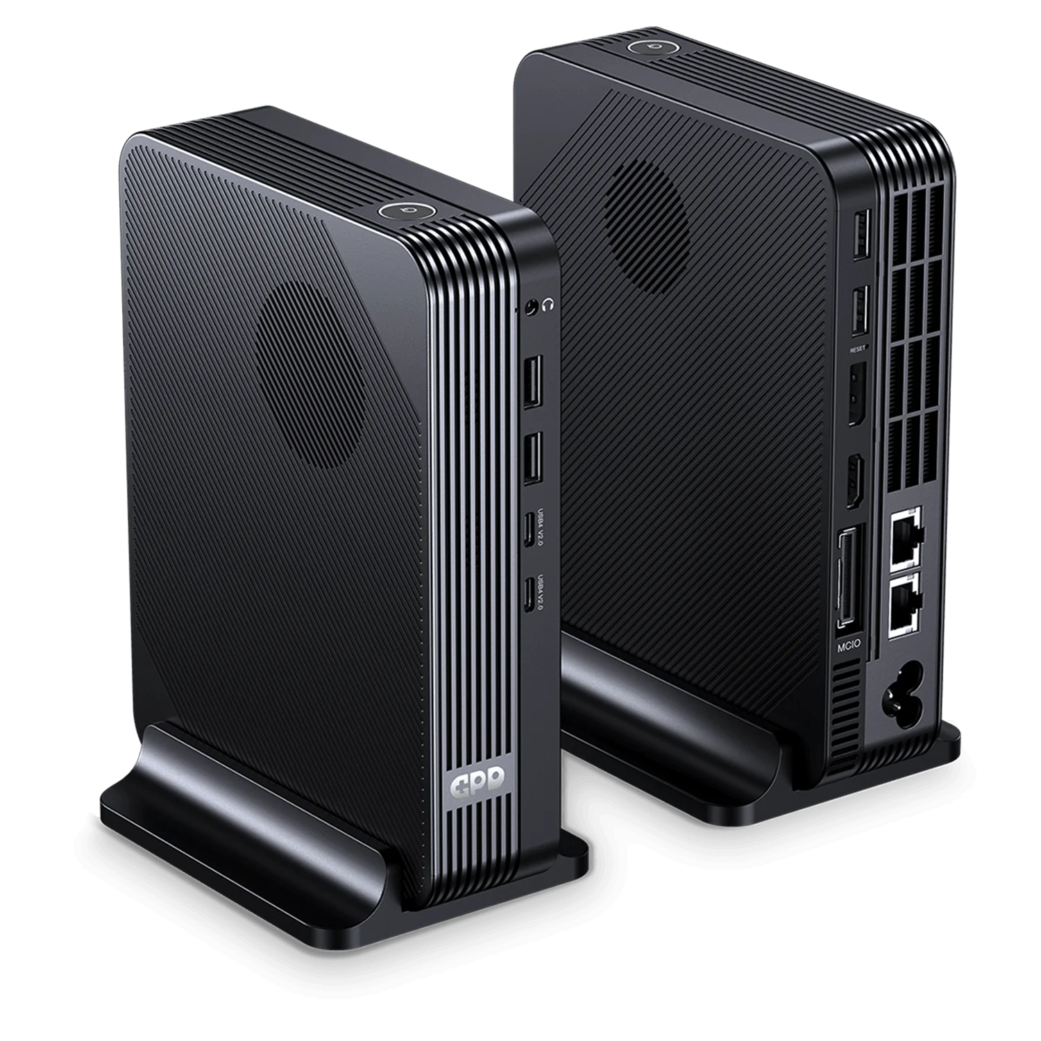 GPD BOX GPD Mini PC in matte black, two angled views on stands showing ribbed vents, front USB ports and rear I/O