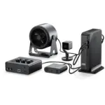GPD BOX black Mini PC standing upright, front angled view with ribbed texture, cables to fan, camera, hub and control box
