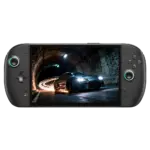 ONEXPLAYER 3 matte black handheld gaming PC front view, cyan-lit sticks, racing car in tunnel on screen