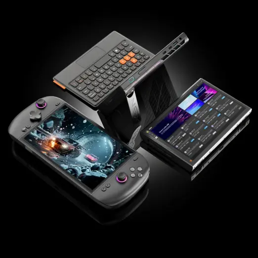 ONEXPLAYER 3 matte black handheld gaming PC, angled with detachable controllers, keyboard, and vivid screens