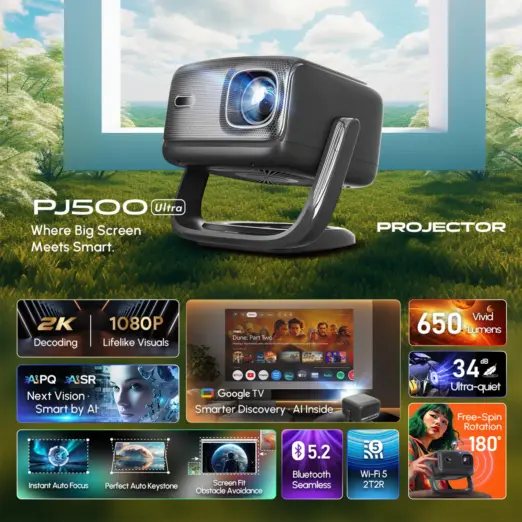 RockTek PJ500 Ultra Smart Projector – 1080p, 600 ANSI & Wi‑Fi 6