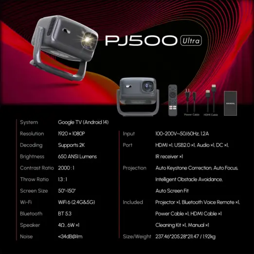 RockTek PJ500 Ultra Smart Projector – 1080p, 600 ANSI & Wi‑Fi 6