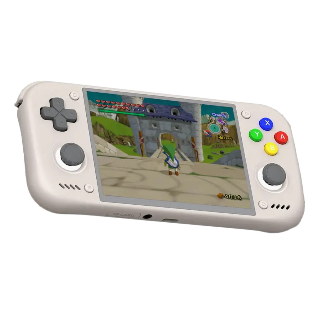 Retroid Pocket Nova smooth white Android handheld angled front, gray sticks and colorful buttons, gameplay on screen