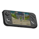 Retroid Pocket Nova black handheld gaming console angled view with textured thumbsticks and castle game screen