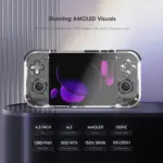 Retroid Pocket Nova front view, translucent gray Android handheld with vivid purple AMOLED screen and controls