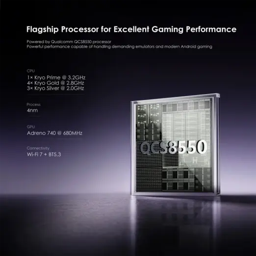 Retroid Pocket Nova QCS8550 processor graphic, glass chip render on dark purple with CPU, Adreno 740 specs