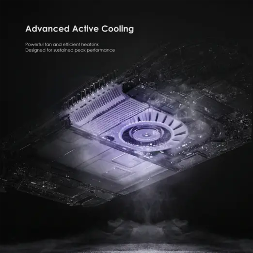 Retroid Pocket Nova transparent underside showing purple-lit fan and finned heatsink with smoky cooling airflow