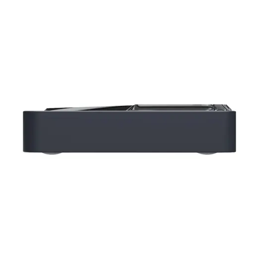 RockTek G2 Next Google TV box side view in matte dark gray with rounded edges and glossy black top panel