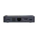 RockTek G2 Next Google TV box straight rear view, matte dark gray with glossy top, HDMI, Ethernet and USB-C ports