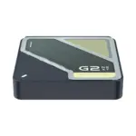 RockTek G2 Next Google TV box, low-angle view of dark matte square unit with glossy G2 Next top graphic