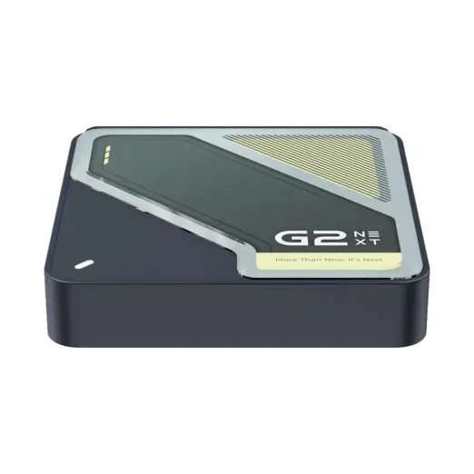 RockTek G2 Next Google TV box, low-angle view of dark matte square unit with glossy G2 Next top graphic