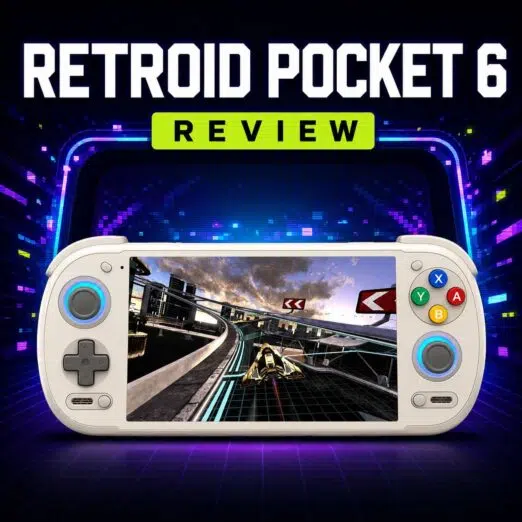 Play Retroid Pocket 6 review video showing a cream handheld with a futuristic racing game.