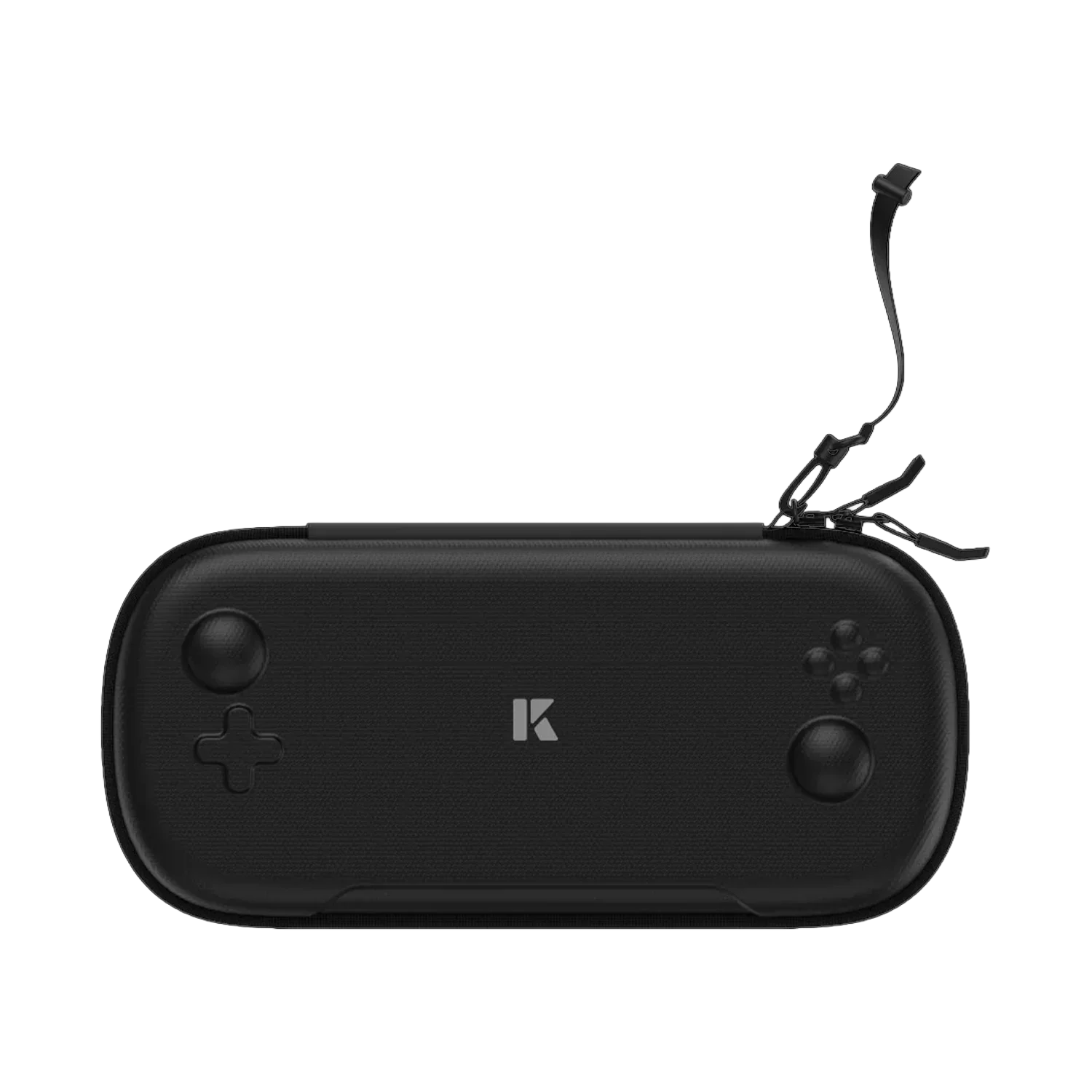 KONKR Pocket Fit Carrying Case front view in matte black textured shell with zipper pull and wrist strap