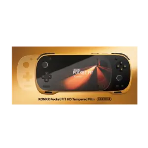 KONKR Pocket Fit Screen Protector on gold box, front view with black handheld console graphic and glossy tempered film
