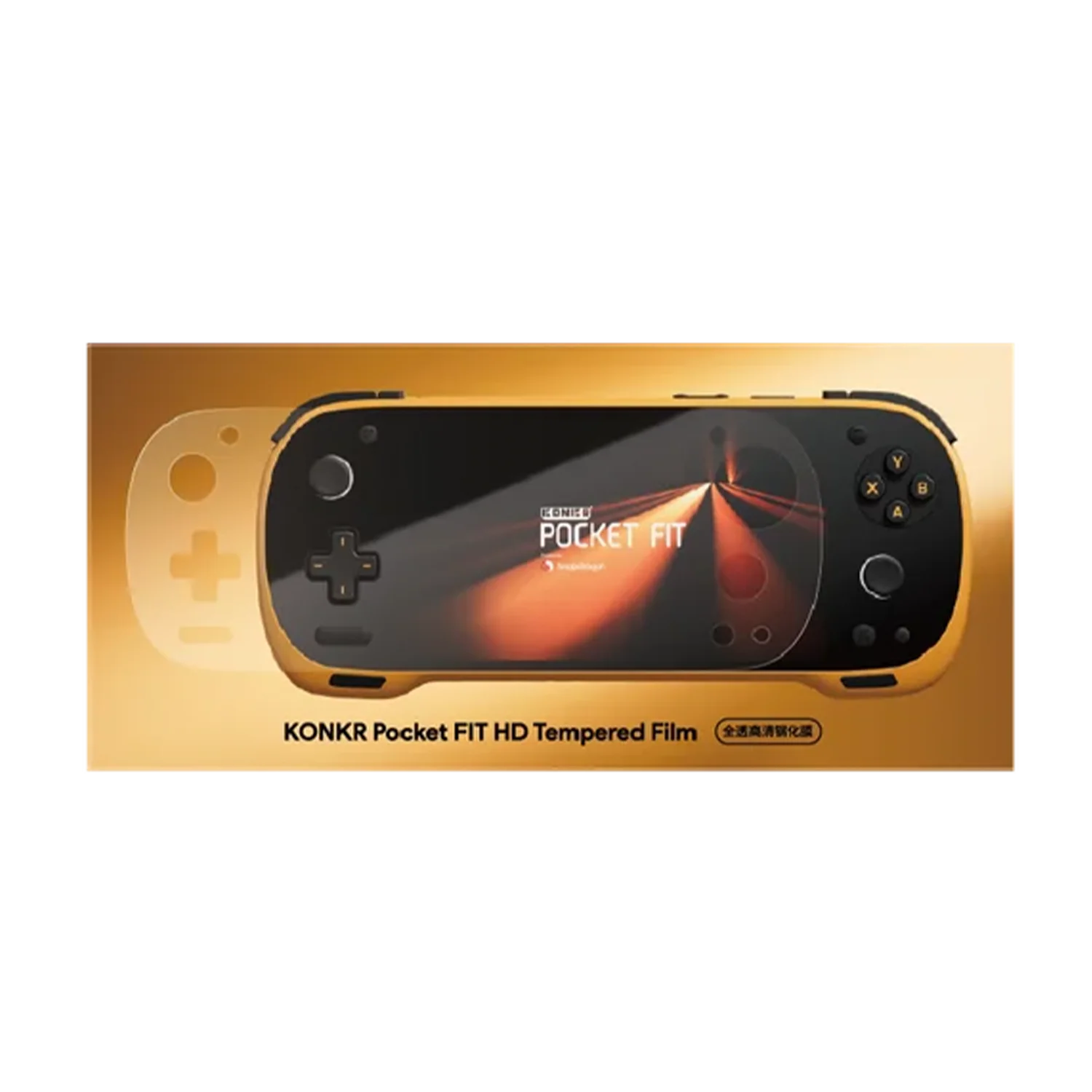 KONKR Pocket Fit Screen Protector on gold box, front view with black handheld console graphic and glossy tempered film
