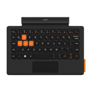 ONEXPLAYER 3 Keyboard front view in matte black with orange WASD keys, touchpad, and top pin connector