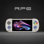 Retroid Pocket 6 Android gaming handheld in smooth ivory, front view with vivid AMOLED screen and blue-lit joysticks
