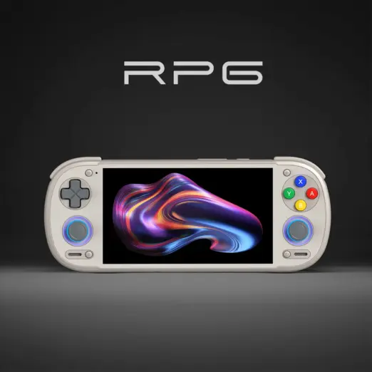 Retroid Pocket 6 Android gaming handheld in smooth ivory, front view with vivid AMOLED screen and blue-lit joysticks