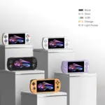 Retroid Pocket 6 retro gaming handhelds in black, silver, 16 Bit, orange and light purple on white plinths