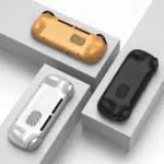Retroid Pocket 6 Android gaming handhelds in gold, silver and black, smooth rear angled view with vents on grey blocks