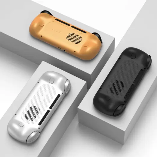 Retroid Pocket 6 Android gaming handhelds in gold, silver and black, smooth rear angled view with vents on grey blocks