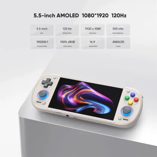Retroid Pocket 6 smooth cream retro gaming handheld angled on gray pedestal, 5.5 inch AMOLED 120Hz specs above