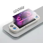 Retroid Pocket 6 smooth cream Android gaming handheld angled on gray slab, neon AMOLED screen and 120Hz text