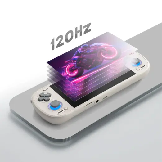 Retroid Pocket 6 smooth cream Android gaming handheld angled on gray slab, neon AMOLED screen and 120Hz text