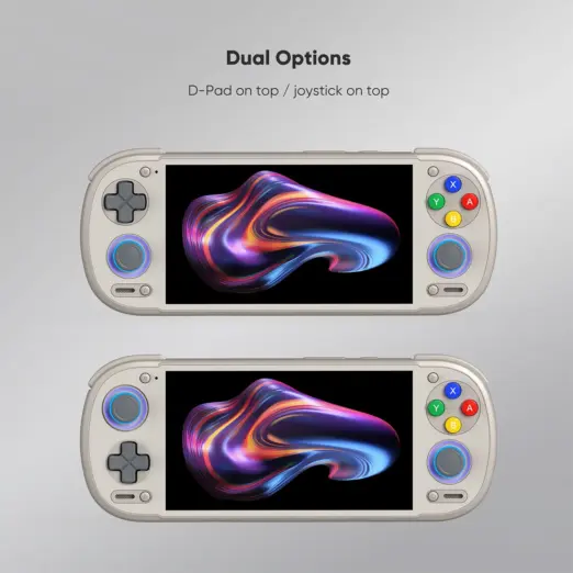 Retroid Pocket 6 smooth cream Android gaming handheld front views showing dual D-pad or joystick on top layouts