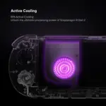 Retroid Pocket 6 Android gaming handheld cutaway with transparent black internals and glowing purple active cooling fan