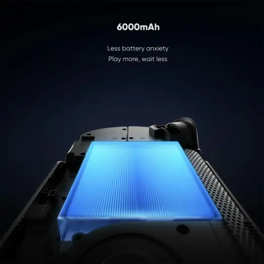 Low-angle Retroid Pocket 6 cutaway with glowing ribbed blue 6000mAh battery in matte black handheld shell
