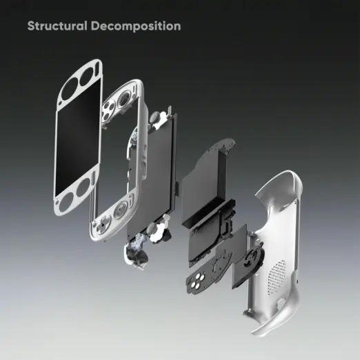 Retroid Pocket 6 angled exploded view with smooth silver shell, black panels and controls floating on grey background