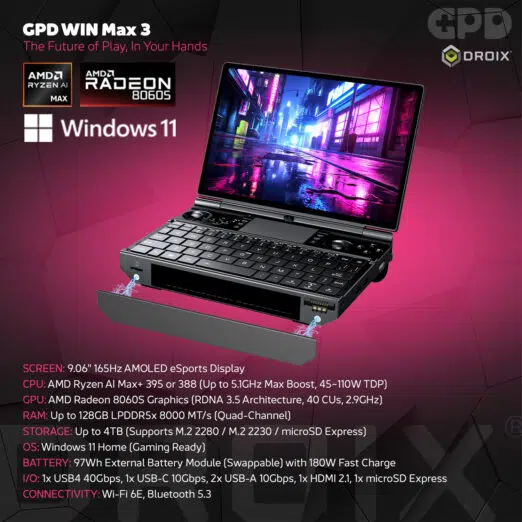 GPD WIN Max 3 9.06-inch 165Hz AMOLED display with stylus support