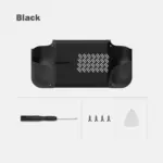 Retroid Pocket Nova Bumped Back Shell in black, rear view with textured grips, vent slots, screws and tools