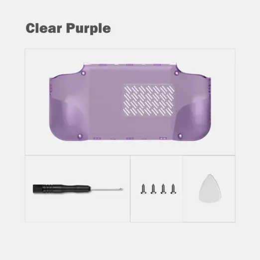 Retroid Pocket Nova Bumped Back Shell in clear purple, rear view with vent slots, grip texture, screws and tools