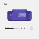 Retroid Pocket Nova Bumped Back Shell in GC purple, rear view with vent slots, textured grips, screws and tools