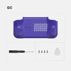 Retroid Pocket Nova Bumped Back Shell in GC purple, rear view with vent slots, textured grips, screws and tools