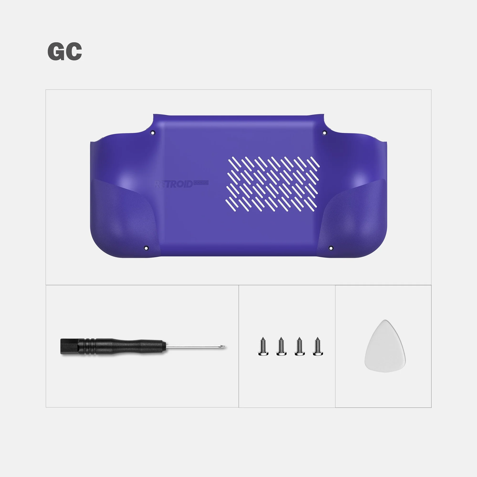 Retroid Pocket Nova Bumped Back Shell in GC purple, rear view with vent slots, textured grips, screws and tools