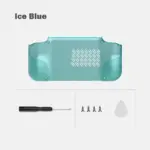 Retroid Pocket Nova Bumped Back Shell in translucent ice blue, rear view with vent slots, tools and screws