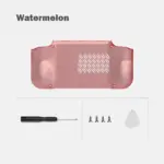 Retroid Pocket Nova Bumped Back Shell in translucent glossy watermelon pink, rear view with vent slots, screws and tools
